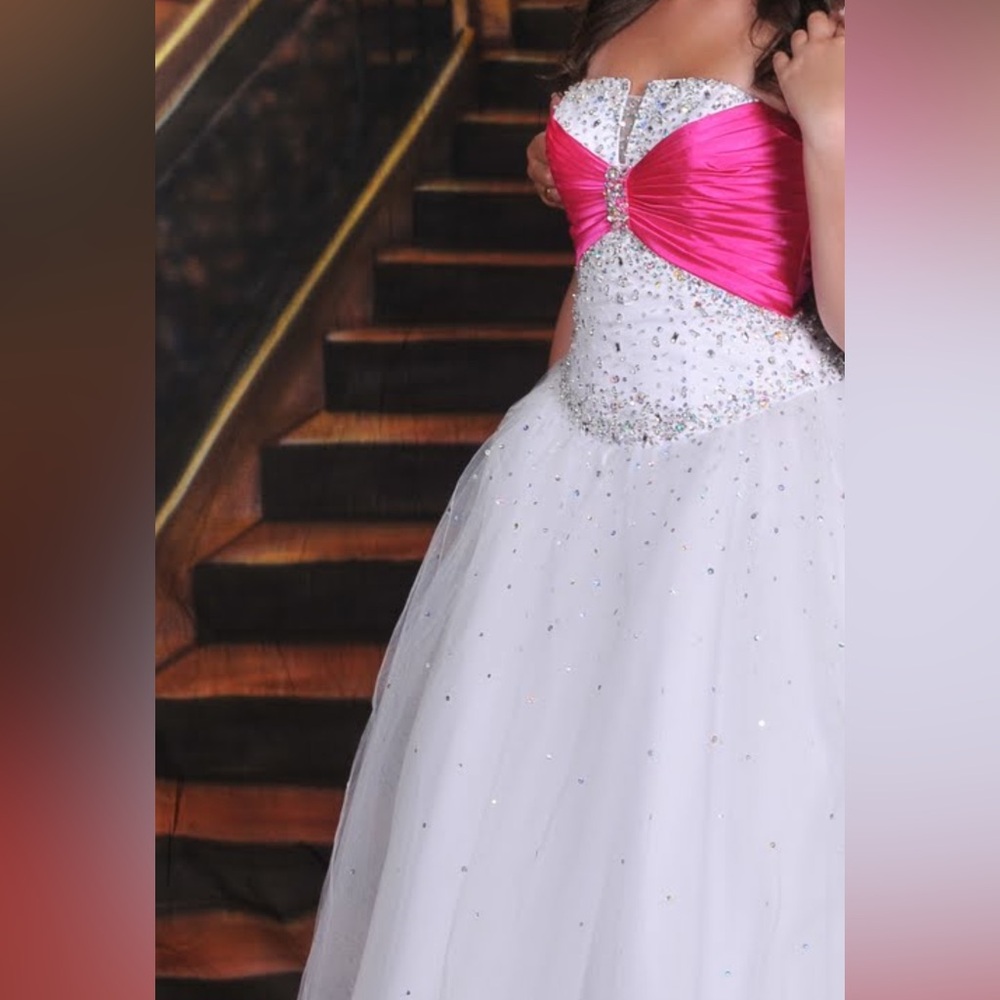 Mori Lee Pink and White Embellished Tiered Prom Gown